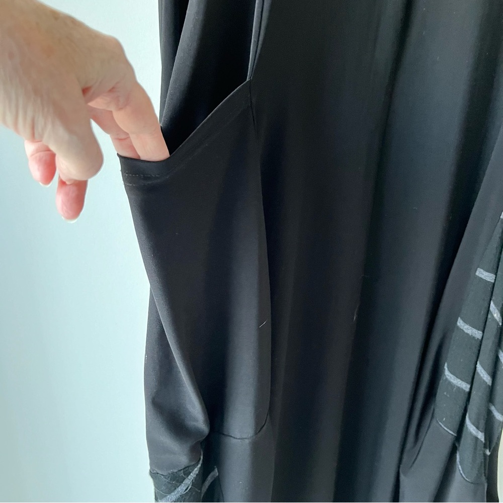 Heydari Dress Womens (M/L) Wearable Art Black Grey Stripe Midi Pockets Lagenlook - Picture 5 of 14